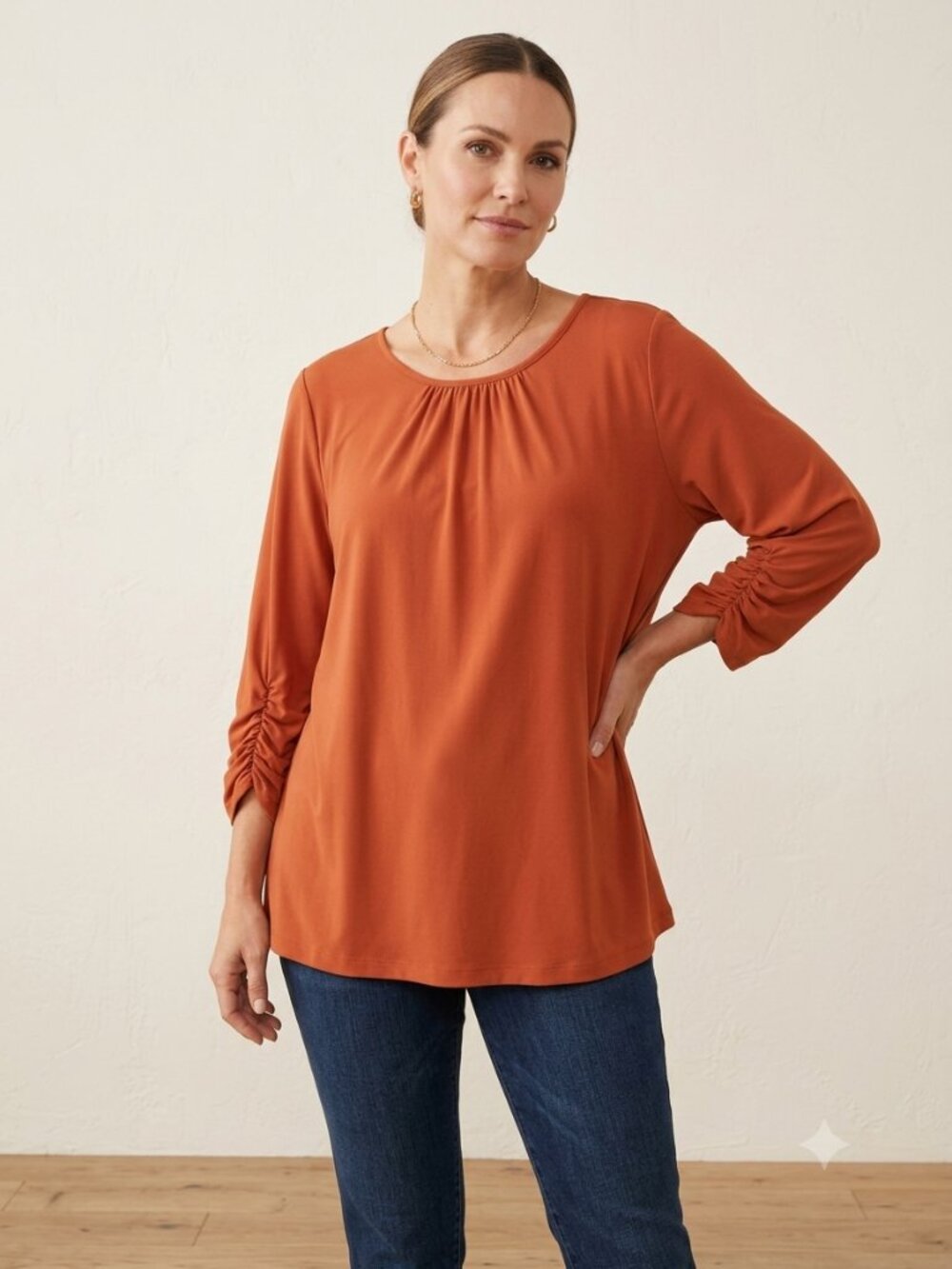 Susan Graver Liquid Knit Tunic Orange Size M 3/4 Sleeve Stretch Top Capsule